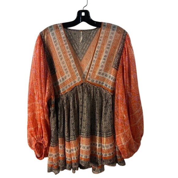 Free People Tops - Free People Boho Chic Long-Sleeve Peasant Top With Orange & Black Patterned